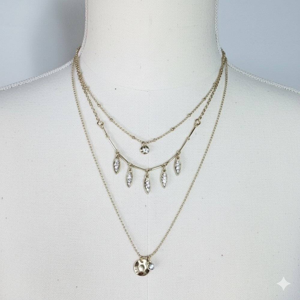 Melrose & Market 16-22" Necklace Layered 3 Chains Gold Crystal Leaf Coin Boho